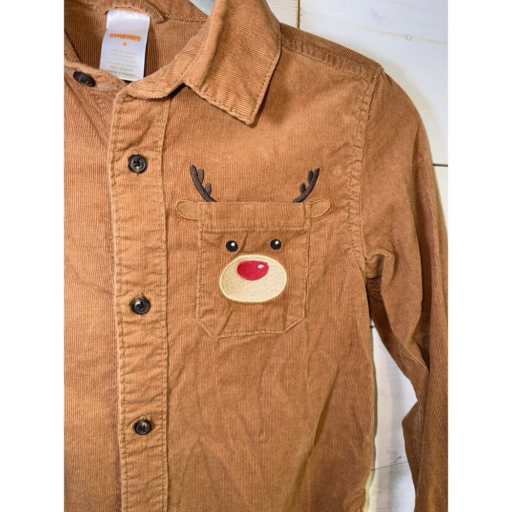 Boys Reindeer Corduroy Button Up Shirt - Holiday Express - Brown Sz 8